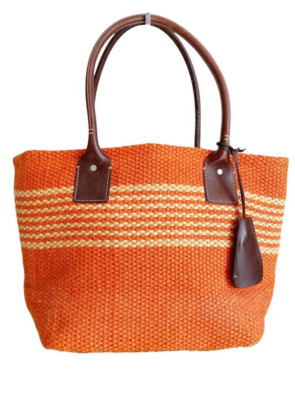 Vtg GAP Orange Straw Jute Bag Farmers Market Tote Leather Straps Striped